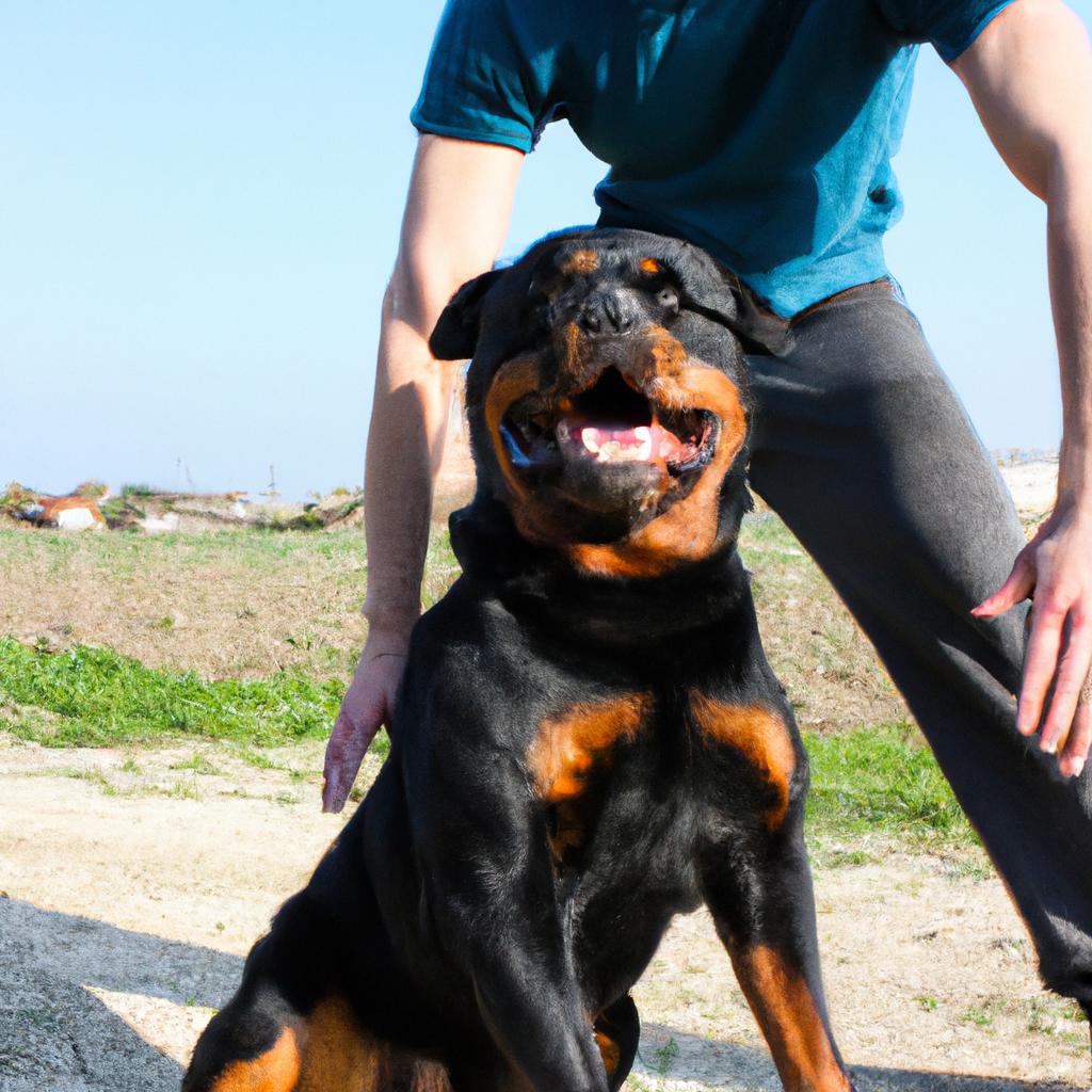 Person exercising with Rottweiler outdoors