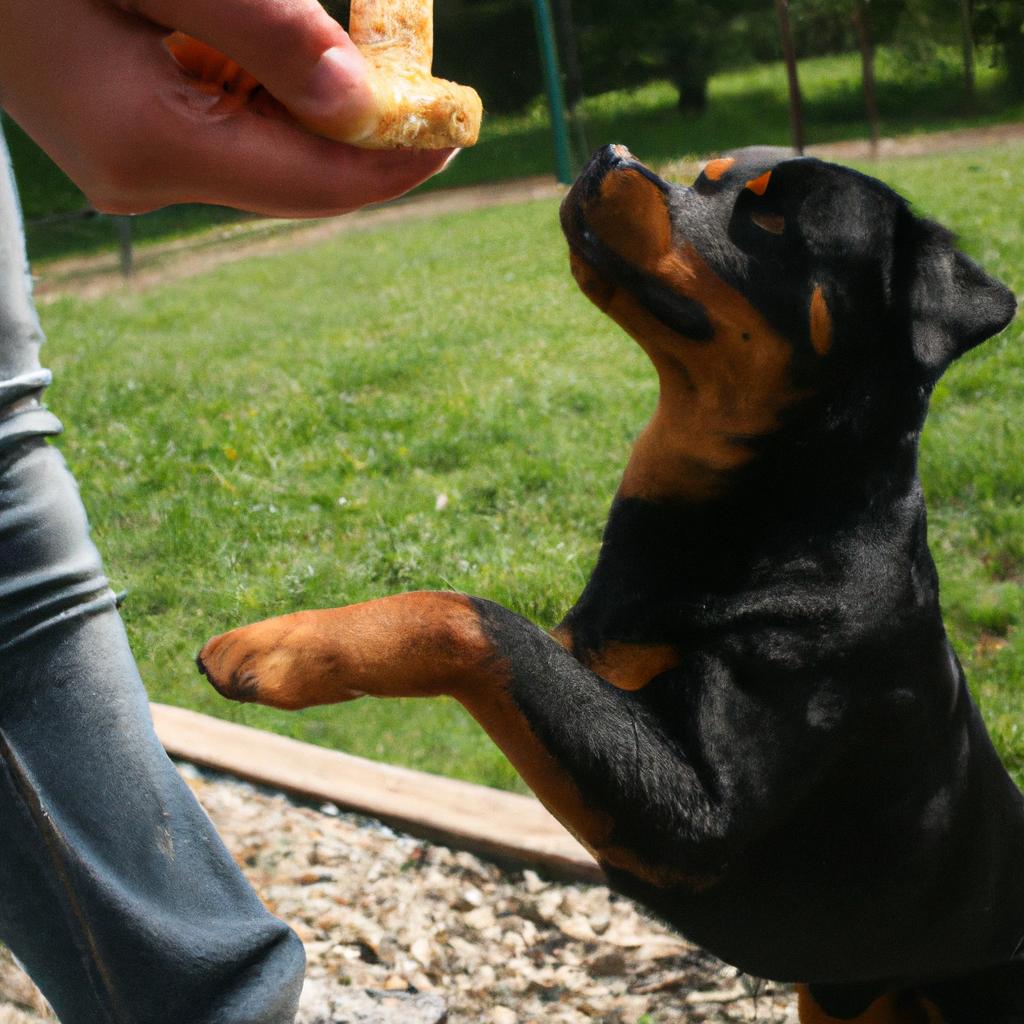 Person training Rottweiler with treats